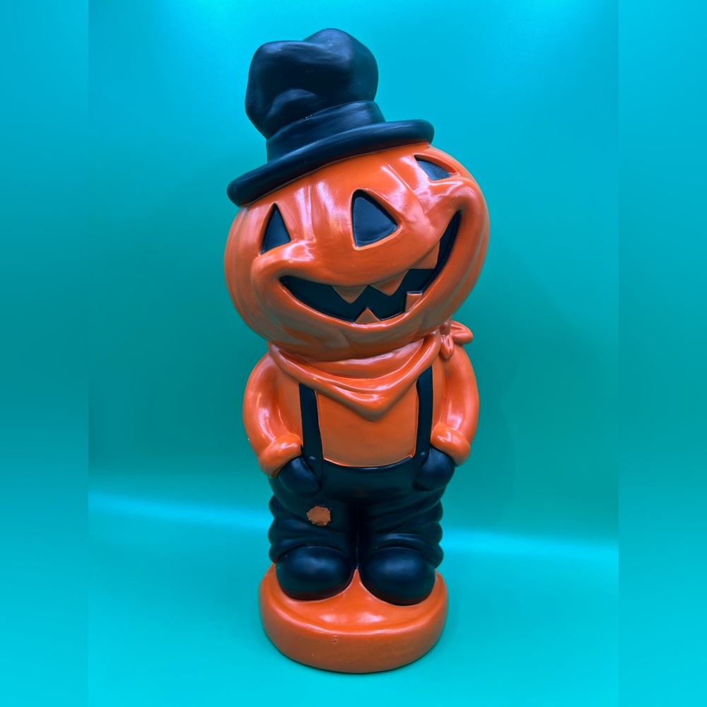 Pumpkin Scarecrow Halloween Plastic Blow Mold Style 14" Tall Black Hat Overalls